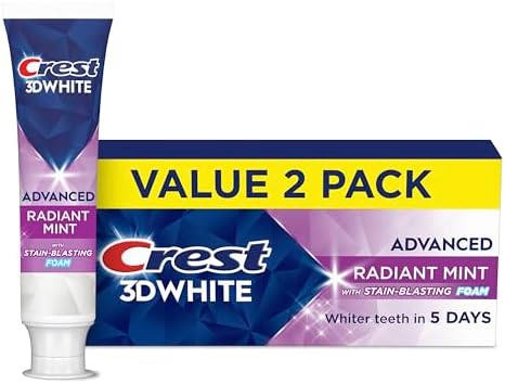 Crest 3D White Advanced Teeth Whitening Toothpaste, Radiant Mint, 3.3 oz, Pack of 2