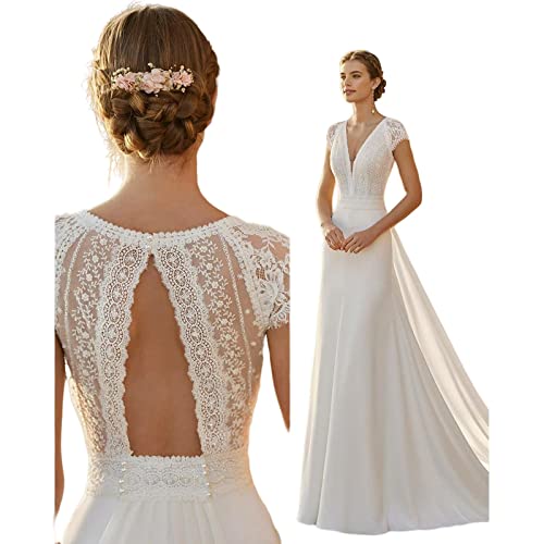 JACTZ Brautkleid Elfenbein Damen Elegante Spitze Satin Modernes Hochzeitskleid Meerjungfrau Mit Abnehmbarer Zug Gegen Nackenkappe Hülle Brautkleid Plus Größe Robe-White,4