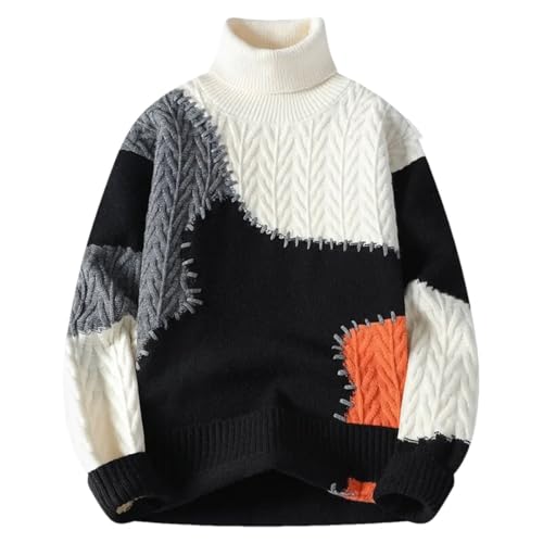 Men’S Turtleneck Long Sleeve Sweater Patchwork Loose Youthful Vitality Knitted Pullover Sweater