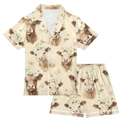 ALAZA Highland Cattle Blossom Floral Satin Pajamas Set Short Sleeve Button Down Sleepwear Summer Pjs 2 Piece