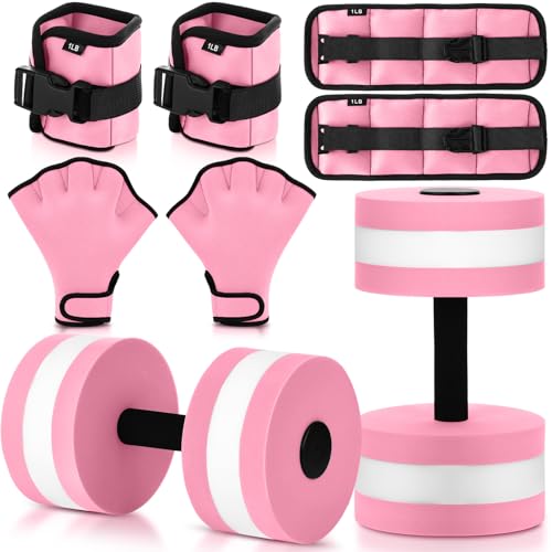 Hollowfly 6 Pcs Water Aerobics Equipment Set Full Body Pool Exercise Kit, 2 Aqua Dumbbells, 2 Adjustable 1lb Ankle/Wrist Weights, 2 Webbed Swim Gloves, Low Impact Aquatic Workout Gear(Pink)