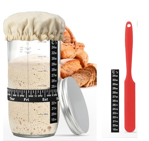 Kit de iniciación para masa madre, frasco de 730 ml, frasco de fermentación, vaso de masa madre, con espátula, termómetro, tapa de tela y tapa metálica, accesorios para repostería casera