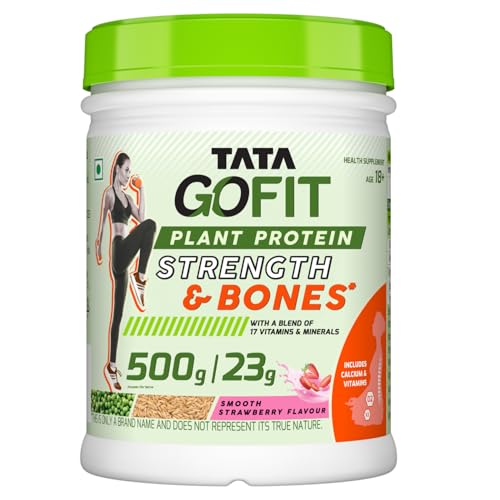 Tata Gofit Plant Protein Strength & Bones, Pea & Brown Rice Blend, 17 Vitamins, Minerals & Calcium, D2 & K2, Smooth Strawberry, No Soy, Lactose & Added Sugar, Amino Acids, Vegan, 500g (B0CV3J1FJQ) Amazon Price History, Amazon Price Tracker
