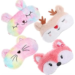 4 Pack Rabbit Sleeping Mask for Girls Soft Plush Blindfold Cute Rabbit Fox Deer Cat Sleep Masks Eye Cover Eyeshade for Kids Teens Women Plane Travel Nap Night Sleeping
