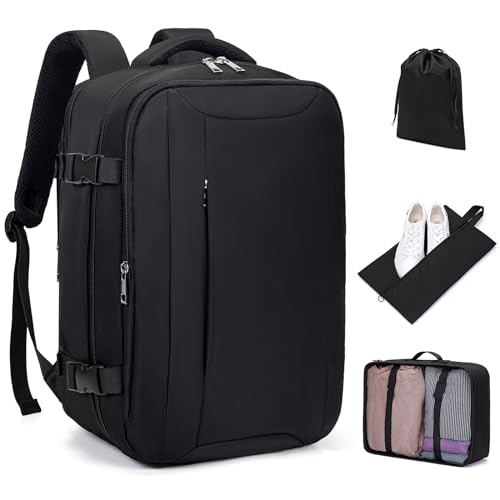 Xkdoai Mochila Viaje Cabina Avion 25x20x40, Ryanair Maleta Bolsas de Cabina con Organizador de Equipaje 3 Sets Mochila de Viaje Equipaje de Mano para Mujer Hombre 20L Negro