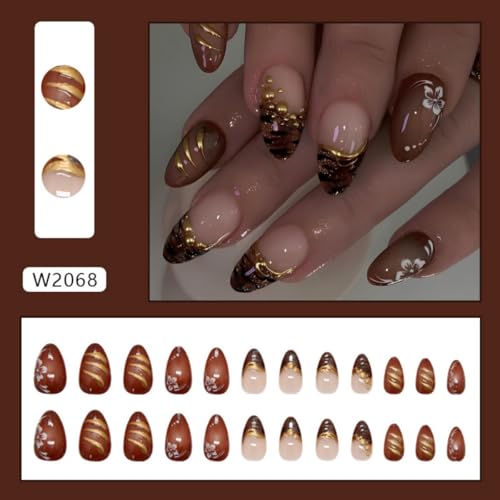 Image of Brown Press on Nails French Tip Fake Nails Medium Almond False Nail with Gold Design Fall Stick on Nail Glossy Full Cover Reusable Artificial Acrylic Flower Glue on Nails for Women Manicure 24Pcs