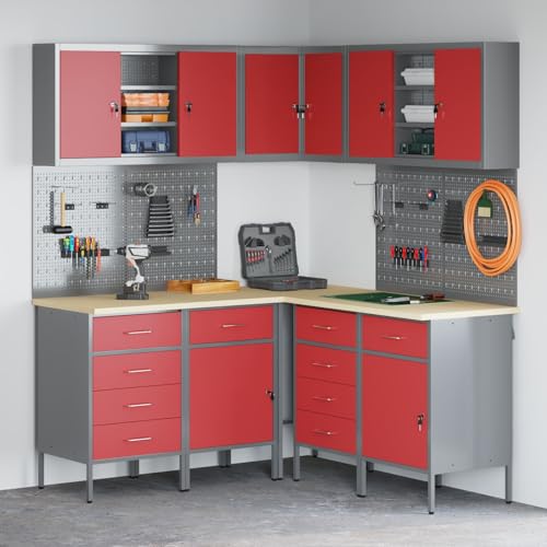vidaXL Banco de trabajo con varios cajones y armarios, estructura de acero resistente de altura ajustable, ideal para garaje, taller, color rojo y gris