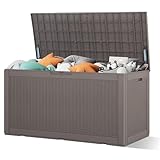 PayLessHere Deck Box 100 Gallons Waterproof Storage Box Bench with keyhole for Outdoor Garden Pool Patio Storage,Tan