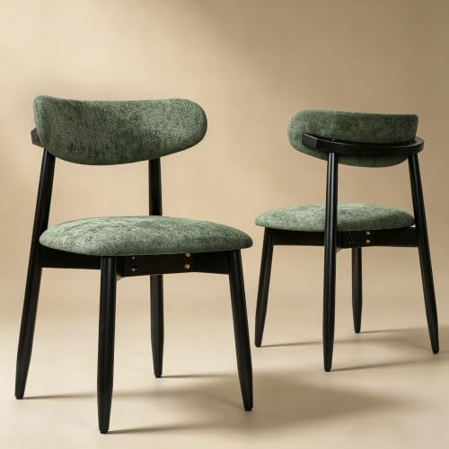 CHUN YI Dining Chairs Set of 2, Upholstered Wooden Dining Room Chairs, Mid Century Modern Fabric Kitchen Chairs with Ergonomic Curved Back, Green (Only Chairs)