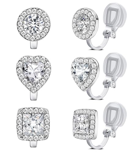Vggaeely 3 Pairs Clip On Earrings For Women Cubic Zirconia Crystal Rhinestone Fake Pearl Non Pierced Earrings Rhinestone cover