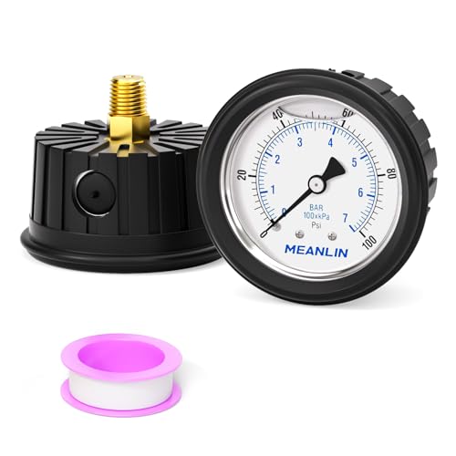 Image of MEANLIN MEASURE 0~100Psi Stainless Steel Liquid Filled Pressure Gauge 1 /4 inch NPT 2.5 inch FACE DIAL with Rubber Protective Sleeve, Center Back Mount