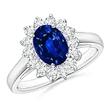 Angara Natural Blue Sapphire Ring for Women | Princess Diana Inspired Blue Sapphire Ring with Diamond Halo in White Gold | September Birthday, Gemstone Jewelry Gift | A | 6x4mm | Ring Size- 6.5
