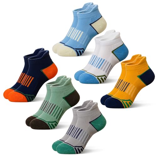 SeeyAN Kindersocken für Jungen, Knöchel, athletisch, halb gepolstert, niedrig geschnitten, Sportsocken, Baumwolle, atmungsaktiv, 6 Paar, 6 Paar verschiedene Farben, 9-14 Years