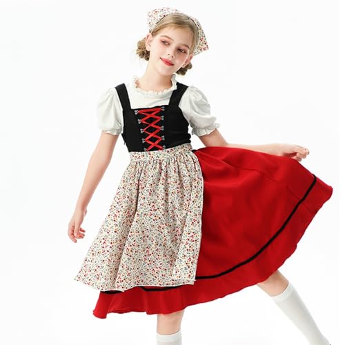 Girls Midi Dirndl Dress Oktoberfest Retro Traditional Pleated Short Sleeve Dresses Flower Graphic Knee Length Skirts2