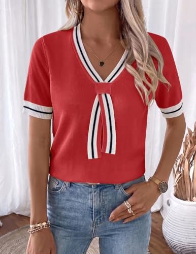 Image of Libsorge Womens Lightweight Cute Bow Tie Sweater Spring 2026 Business Casual Outfits V Neck Short Sleeve Tops