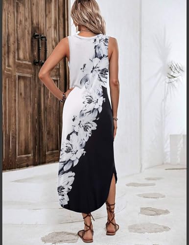 Image of Zeagoo Women Floral Summer Casual Beach Printed Tank Dress with Pockets Pleated Front Long Dress