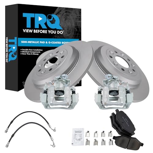 Image of TRQ Rear Brake Pad and Rotor Set Semi Metallic G Coated Rotors Calipers Hoses Compatible with 2011-2014 Ford Edge 2011-2015 Lincoln MKX