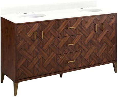 Signature Hardware 954035-60-UM-8 Patzi 60" Free Standing Double Basin Vanity Set with Cabinet and Vanity Top - Oval Undermount Sinks - Chocolate Bark Brown/Feathered White