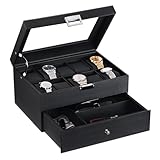 BEWISHOME Watch Box Organizer with Valet Drawer - Real Glass Top, Metal Hinge, Large Holder, Black Carbon Fiber Faux Leather - 10 Slots Watch Storage Case Jewelry Box for Men SSH14C