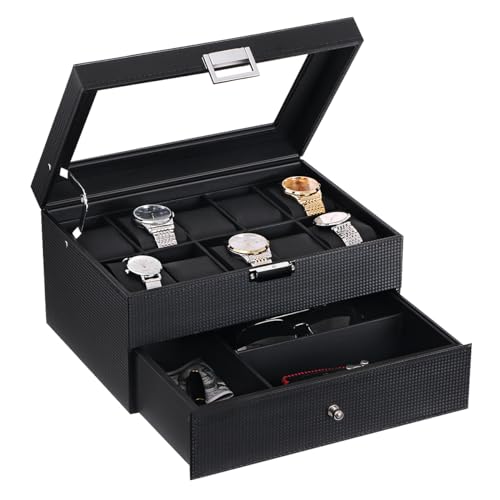 BEWISHOME Watch Box Organizer with Valet Drawer - Real Glass Top, Metal Hinge, Large Holder, Black Carbon Fiber Faux Leather - 10 Slots Watch Storage Case Jewelry Box for Men SSH14C