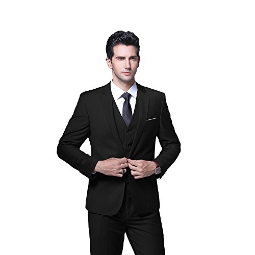 Yffushi Men's Slim Fit 3 Piece Suit One Button Business Wedding Prom Suits Blazer Tux Vest Trousers Black #TOP4