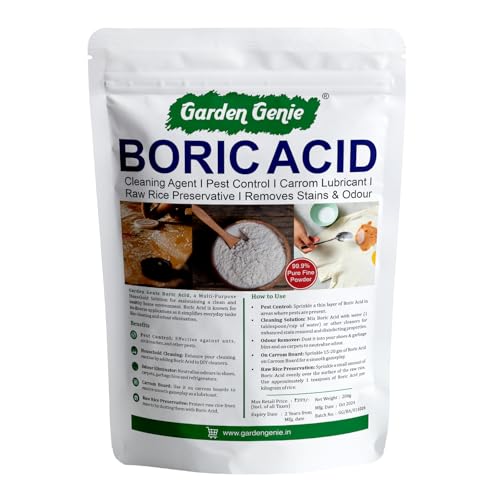 Image of Garden Genie Boric Acid, Multi Purpose Cleaning & Pest Control Powder, 200g | Effective on Cockroaches, Ants, Termites I Rice Preservation I Fine Carrom Powder