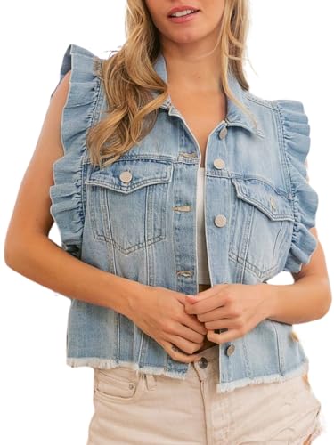 Womens Cropped Ruffled Denim Sleeveless Jacket Washed Ruffle Sleeve Button Down Denim Vest