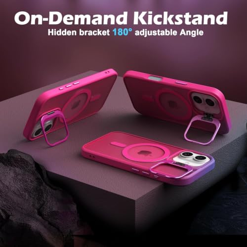 Image of Elzzi Translucent Matte Kickstand Case for iPhone 17, Built-in Adjustable Camera Stand, Translucent Matte Magnetic Mag-Safe Shockproof Phone Cover (Hot Pink)