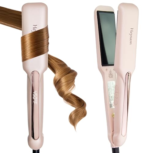 Heysam Flat Iron Hair Straightener and Curler 2 in 1, Travel Portable Dual Voltage Straightening Irons for Thick Hair, Ionic Iron Wide 1.6-Inch, 30S Fast Heating, LCD Display, Smooth & Frizzy, Pink