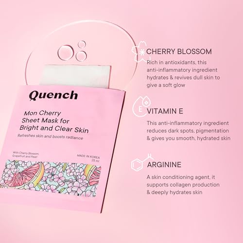 Image of QUENCH BOTANICS Quench Brightening Korean Sheet Mask with Cherry Blossom Radiance, Korean Face Mask for Glowing Skin, Hydrates Skin and Evens Out Skin Tone, Made in Korea (Pack of 5)