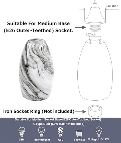 Image of GO&SO 2 Pack Gray Gradient Glass Pendant Light Shade,7.8 inchH Oval Glass Art Fixture, 1.57 inch Fitter, E26 Base, Hand-blown Marble Ceiling Light, Dining Room, Hallway & Track Pendant Lights