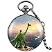 Montre De Poche Mignonne Montre De Poche À Quartz Dinosaures Verts Et Enfant Regardant Le Crépuscule Généreux Cadran Blanc Boîtier en Alliage Montre Pendentif Chaîne Épaisse