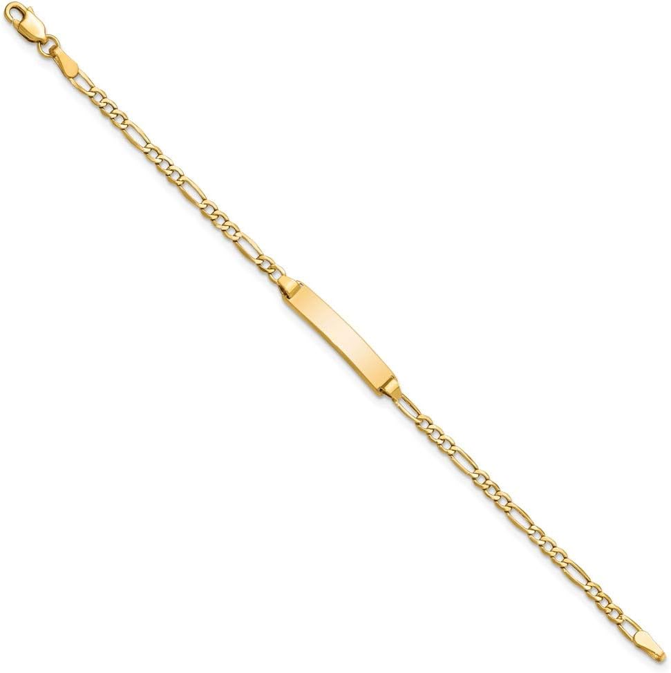 Engravable Personalized Custom 14K Yellow Gold Semi-Solid Polished Figaro ID Bracelet For Men or Women Length 7 inches Width 4.5 mm