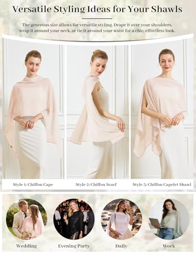 BEAUZSUZSANA Chiffon Cape Shawls for Evening Dress Soft Elegant Sheer Wraps Perfect for Weddings Parties (Peach) — view 5