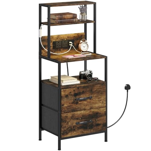 Image of HOMCOM Bedside Table Bedside Cabinet Charging Station LED Rustic Brown