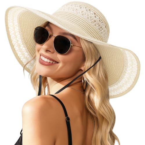 Image of Womens Beach Sun Straw Hat, Wide Brim Sun Hat Travel Foldable Summer Wind Lanyard UPF 50+