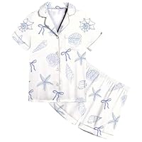 Boys Girls Satin Pyjamas Set Short Sleeve Nightwear Teen Girls 2 Piece Short PJs Button-Down Silk Satin Pyjamas Cute Seashell Print Sleepwear Soft Loungewear Age 2-13 Years (Light Blue, 12-13 Years)