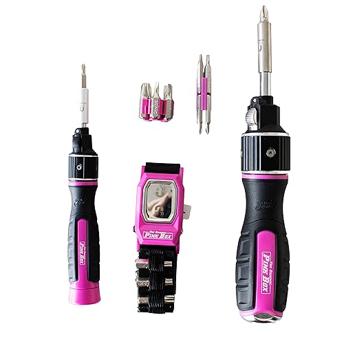 The Original Pink Box Double Drive Screwdriver Set with Lighted Magnetic Wristband, Pink