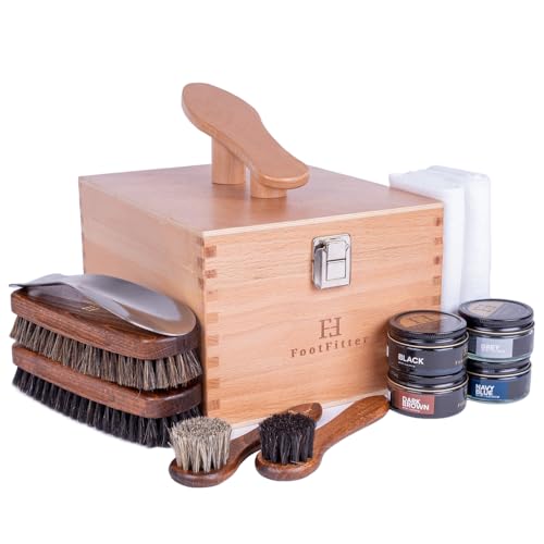 FootFitter Shoe Shine Kit with Beech Wood Valet Box, Dark Shoe Creams