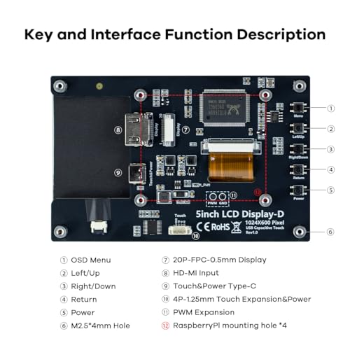 Image of Hosyond 5 inches Touchscreen IPS LCD Display Panel 1024x600 HDMI Capacitive Screen for Raspberry Pi5 /Pi4 /Pi3 /ZERO 2W, BB Black, Windows
