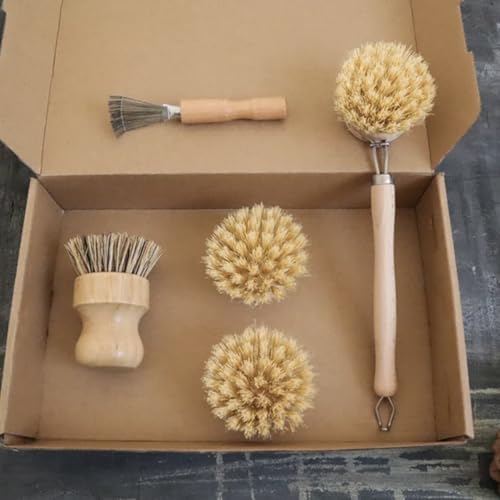 5 pcs Bamboo Kitchen Brush Set| Valuable Cleaning Tool Kit| Plastic-Free & Eco-Friendly Products| Gift for Women Mom
