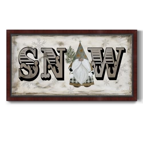 Renditions Gallery Gnome Snow Poster Winter Wonderland Friends Canvas Framed Artwork Decorations for Bedroom Office Kitchen - 29"X53" Mahogany Ebony Frame GAL018