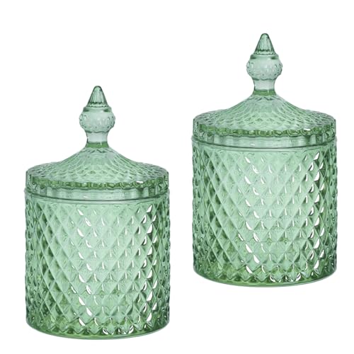 HANFCO® 2Pc 10oz Retro Green Glass Apothecary Jars Cotton Bud Holder Wool Balls Pad Q Tips Jewellery Candle Holder Jars With Lids Vanity Dressing Table Bathroom Accessories New Home Decor Gifts Women