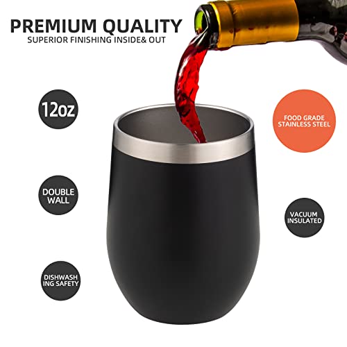 Image of 12 oz Insulated Wine Tumbler with Lid and Straw,Stainless Steel Stemless Wine Tumbler Glasses Double Wall Vacuum Wine Cups Tumbler Bulk for Coffee,Champaign,Cocktail,Office (Black,4)