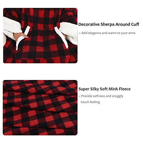 Tirrinia Red Buffalo Plaid Sherpa Hood Wearable Blanket For Adult Women And Men, Super Soft Comfy Warm Plush Throw With Sleeves Tv Blanket Wrap Robe Hoodie Cover For Sofa, Couch 72" X 55" #TOP3