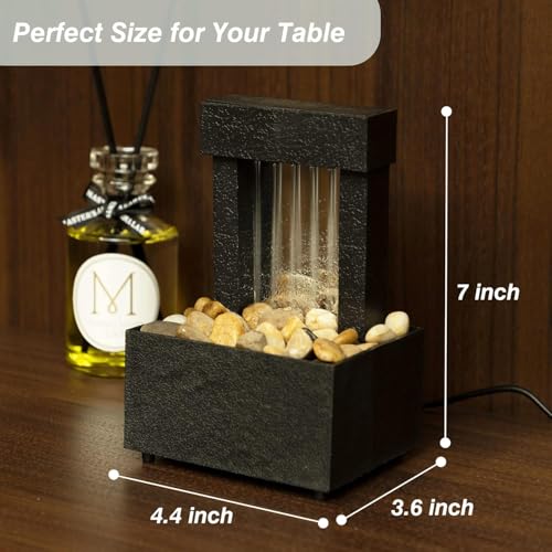 Image of Mirrored Waterfall Tabletop Fountain with LED Light Show, Natural River Rocks, Indoor Decorative Water Feature for Home Office Meditation