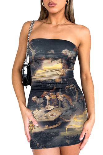 Image of ABMOIU Women's Tube Mini Dress Strapless Ruched Bodycon Party Club | Soft stretch fabric, backless Y2K style, print design, summer going out birthday vacation night out clubwear
