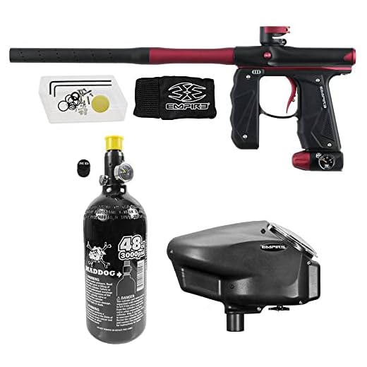 Maddog Empire Mini GS Electronic Full Auto Paintball Gun Marker w/ 48/3000 HPA Paintball Tank & Empire Halo Too Electronic Paintball Loader Starter Package - Dust Black/Dust Red - 2pc Barrel