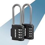 PORTENTUM Zahlenschloss 4 stellig mit langem Bügel – 2er Pack – Vorhängeschloss mit Zahlencode aus Zinklegierung mit Stahlbügel – Vorhängeschloss wetterfest schwarz für Spinde Tore und Schuppen