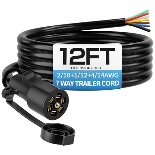 Deluwire 12 FT 7 Pin Trailer Plug, Heavy Duty Trailer Wiring Harness, 7 Way Trailer Cord with Double Prongs Connector for Trailers, RVs, Campers